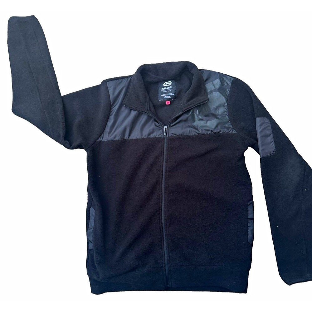 Ecko Unltd Mens Large Full Zip Fleece Jacket Black Gray Track Jacket Pockets